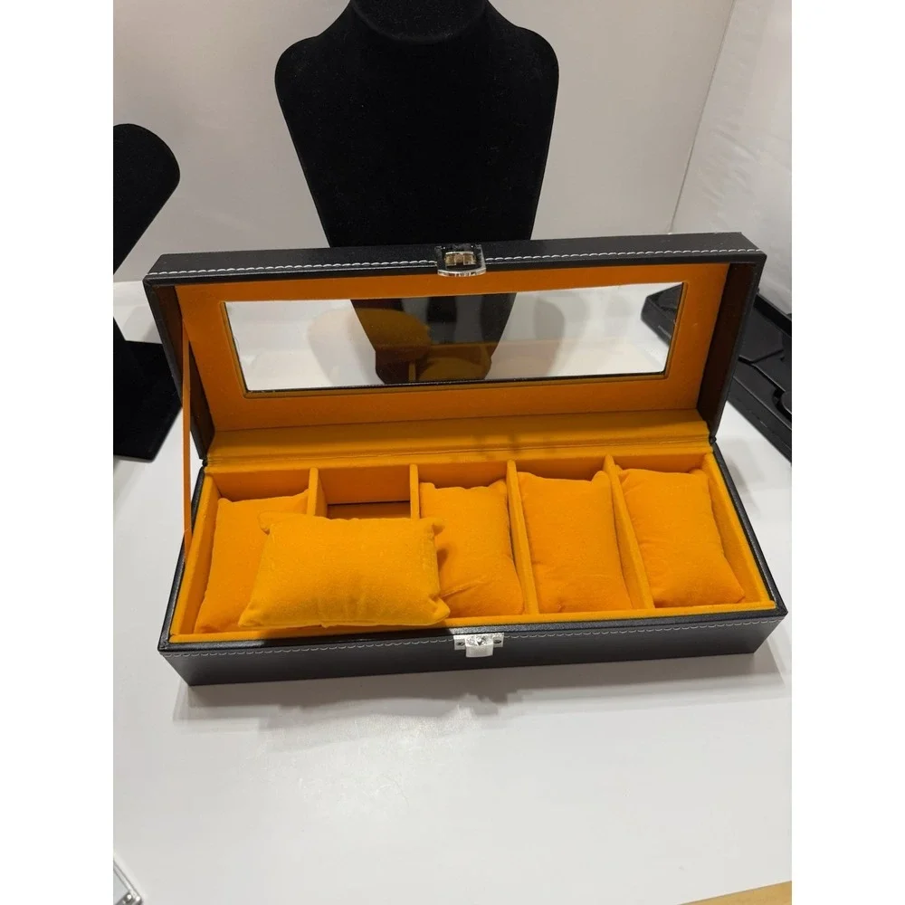 Watch Box, a 5 Slot Watch Case Organizer with Large Glass Lid, Removable Pillows